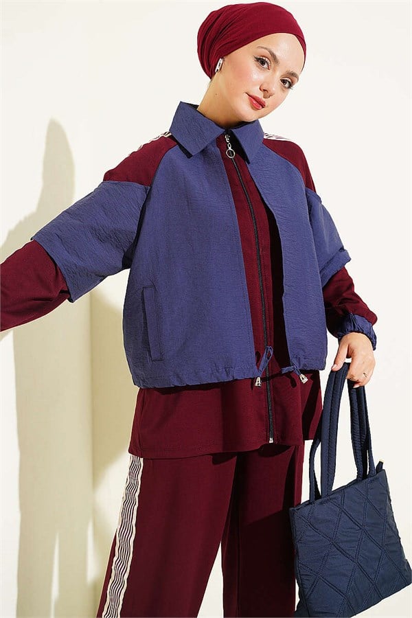 Loysa Striped Detail 2 Piece Set, Burgundy