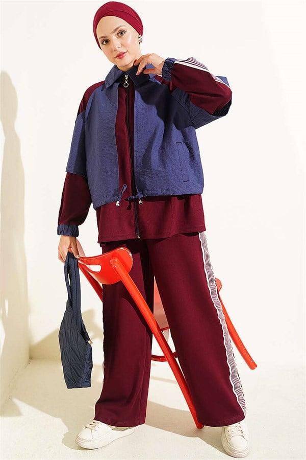 Loysa Striped Detail 2 Piece Set, Burgundy