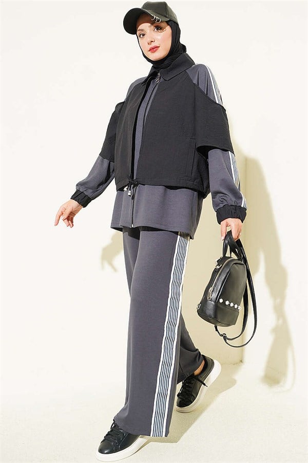 Loysa Striped Detail 2 Piece Set, Smoke Grey