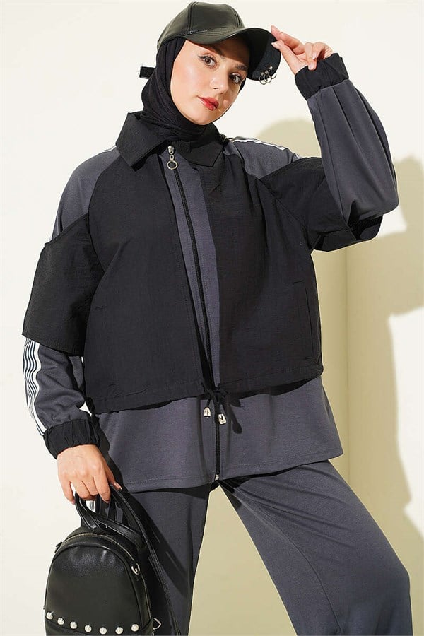 Loysa Striped Detail 2 Piece Set, Smoke Grey