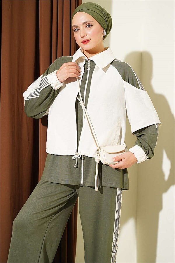 Loysa Striped Detail 2 Piece Set, Khaki