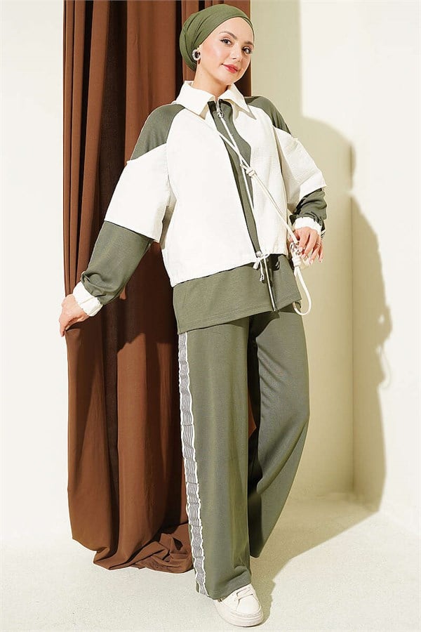 Loysa Striped Detail 2 Piece Set, Khaki
