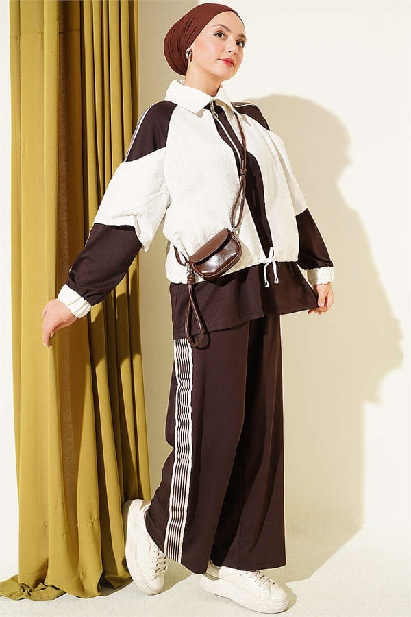 Loysa Striped Detail 2 Piece Set, Coffee