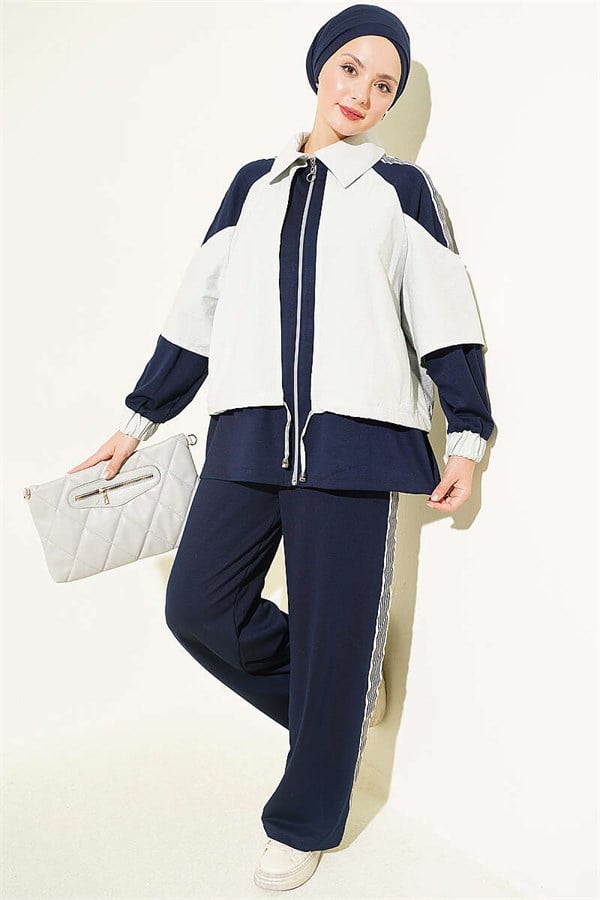 Loysa Striped Detail 2 Piece Set, Navy Blue