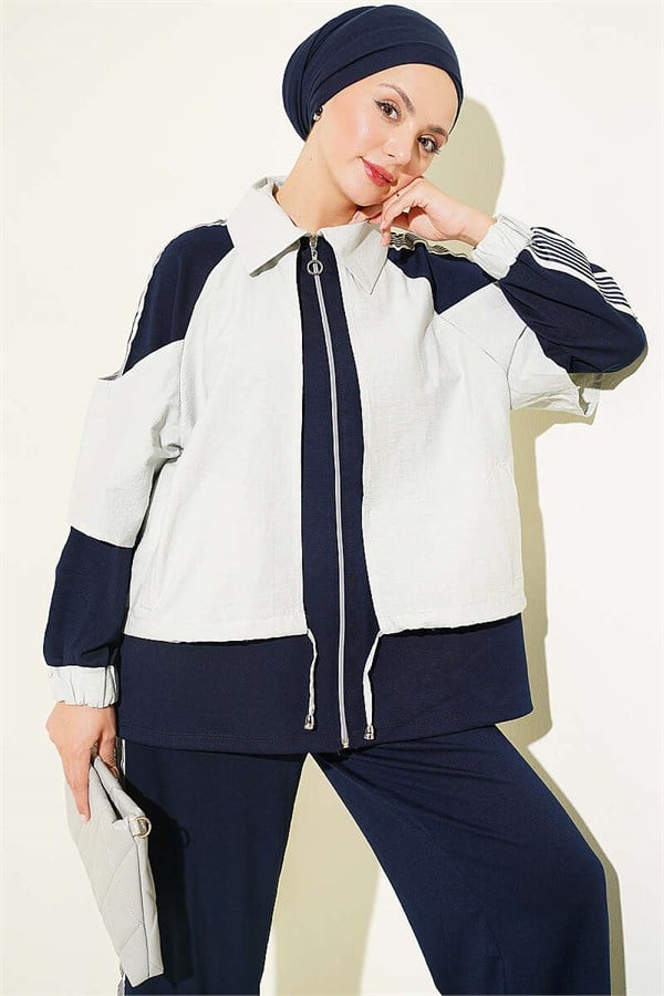 Loysa Striped Detail 2 Piece Set, Navy Blue
