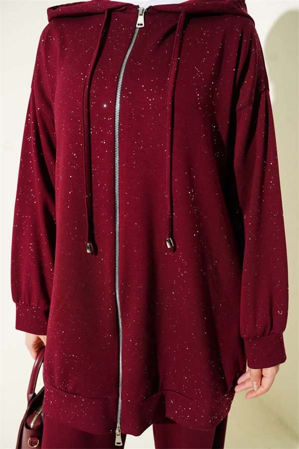 Loysa Sim Detailed Hooded 2 Piece Set in Burgundy