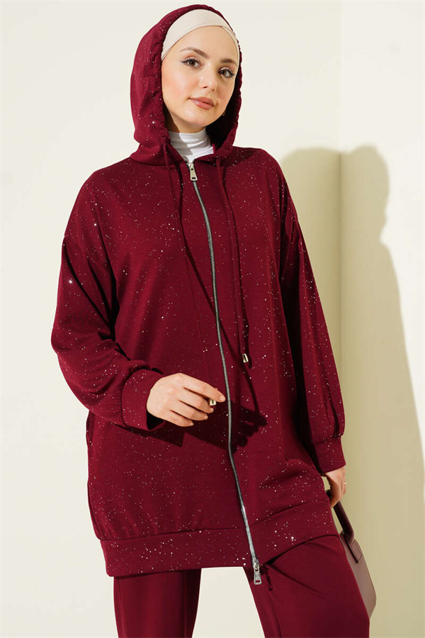 Loysa Sim Detailed Hooded 2 Piece Set in Burgundy