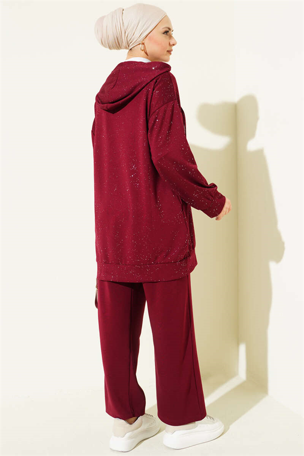 Loysa Sim Detailed Hooded 2 Piece Set in Burgundy