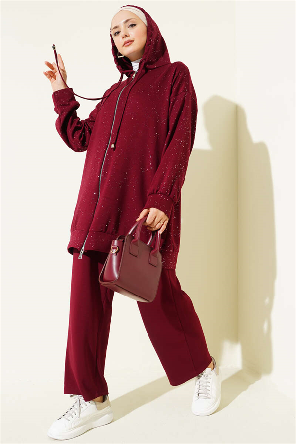 Loysa Sim Detailed Hooded 2 Piece Set in Burgundy