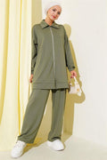 Loyşa Stone Embellished Zippered 2 Piece Set, Almond Green