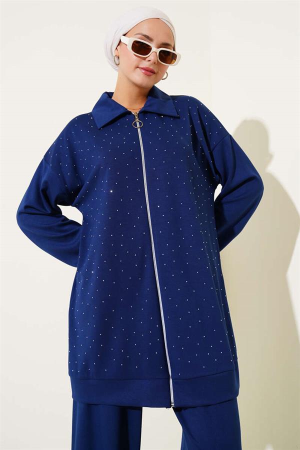 Loyşa Stone Embellished Zippered 2 Piece Set Navy Blue