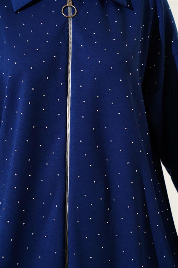 Loyşa Stone Embellished Zippered 2 Piece Set Navy Blue