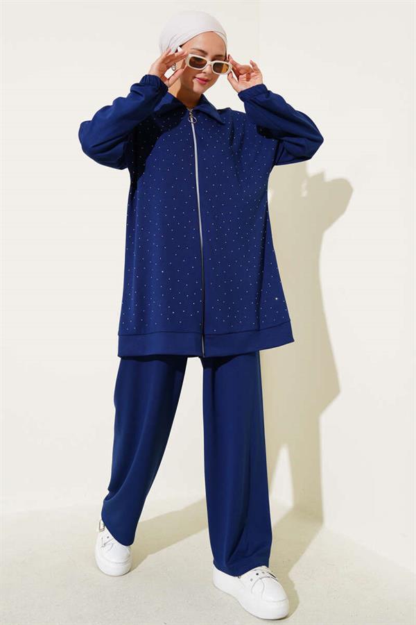 Loyşa Stone Embellished Zippered 2 Piece Set Navy Blue