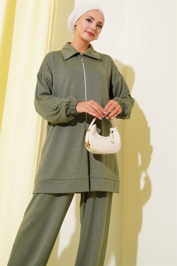 Loyşa Stone Embellished Zippered 2 Piece Set, Almond Green