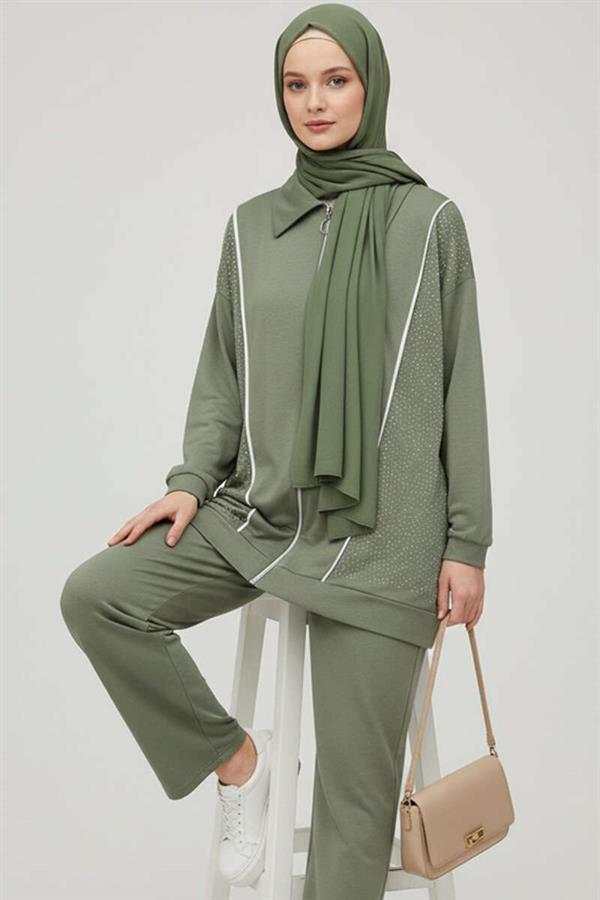 Loysha Stoned Zippered 2 Piece Set, Almond Green