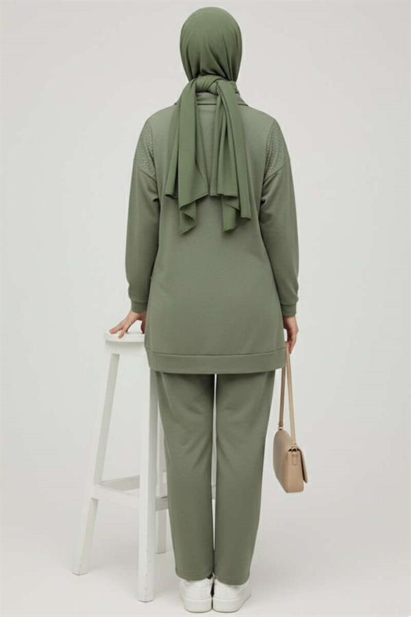 Loysha Stoned Zippered 2 Piece Set, Almond Green