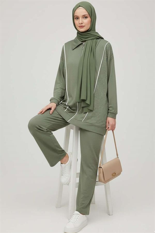 Loysha Stoned Zippered 2 Piece Set, Almond Green