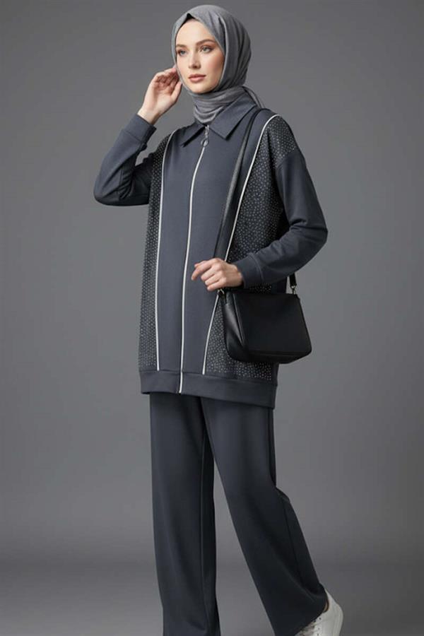 Loysha Stoned Zippered 2 Piece Set Smoke
