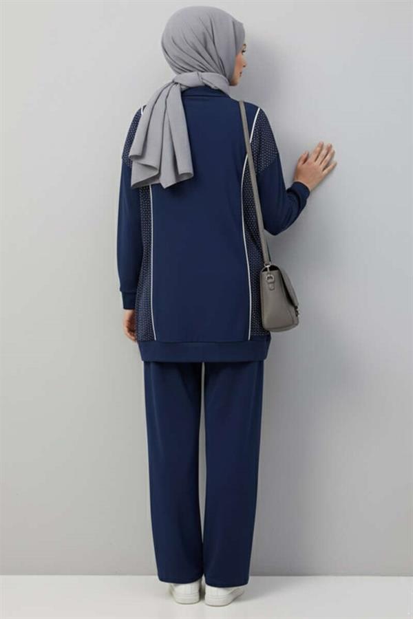 Loysha Stoned Zippered 2 Piece Set Navy Blue