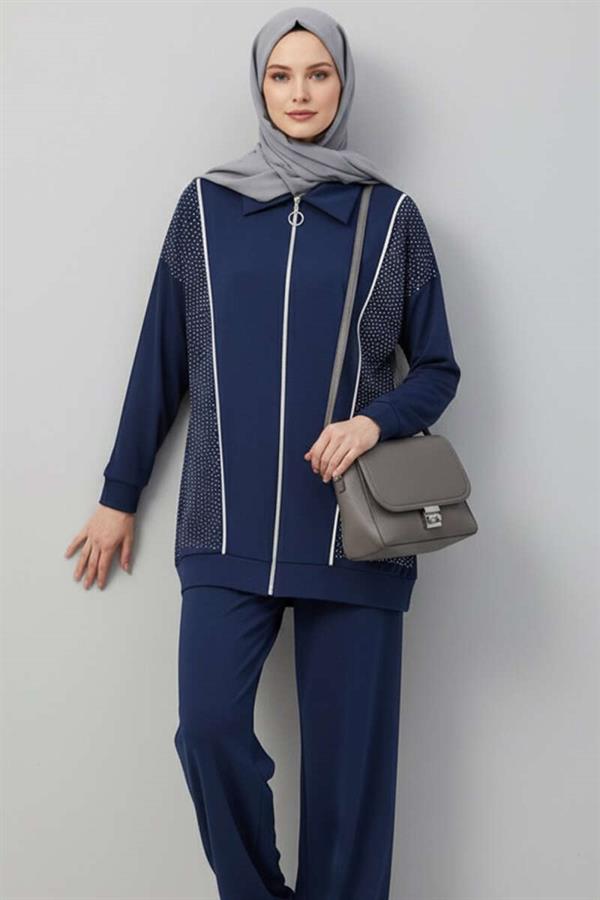 Loysha Stoned Zippered 2 Piece Set Navy Blue