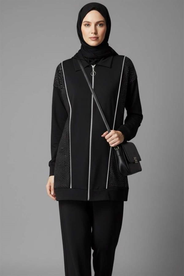 Loysha Stoned Zippered 2 Piece Set Black