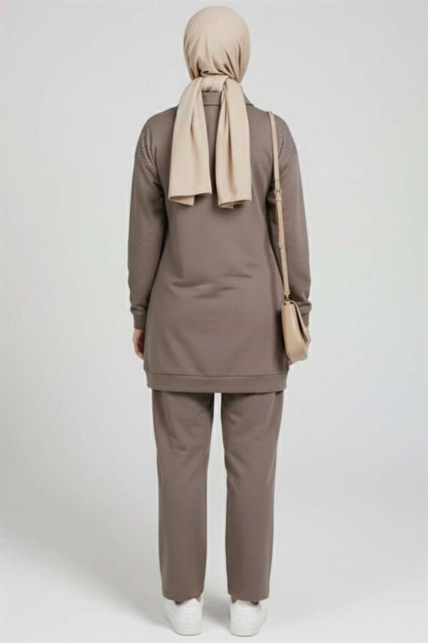 Loysha Stoned Zippered 2 Piece Set Mink