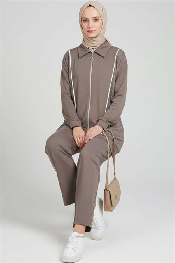 Loysha Stoned Zippered 2 Piece Set Mink