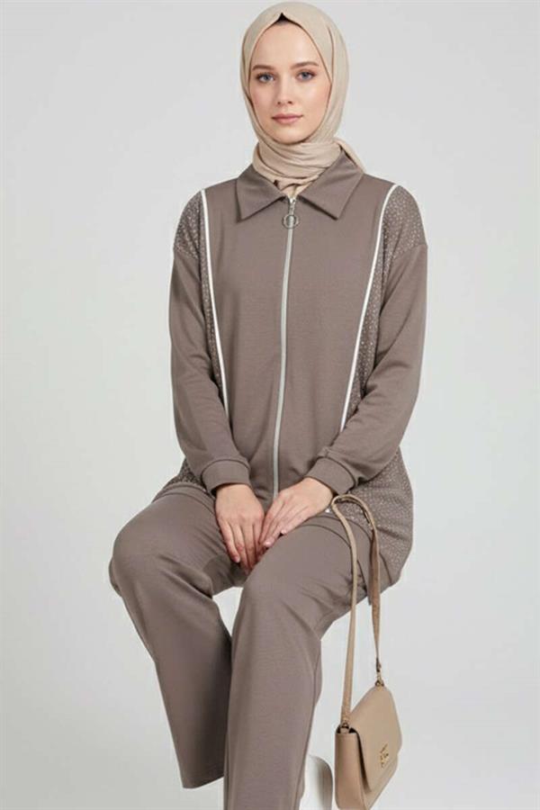 Loysha Stoned Zippered 2 Piece Set Mink