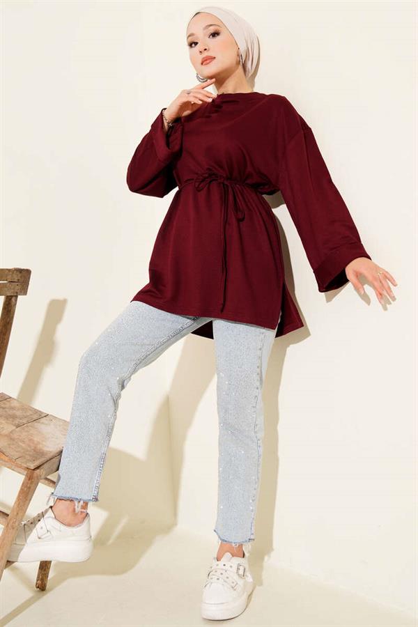 Loyşa Side Slit Belted Tunic Burgundy