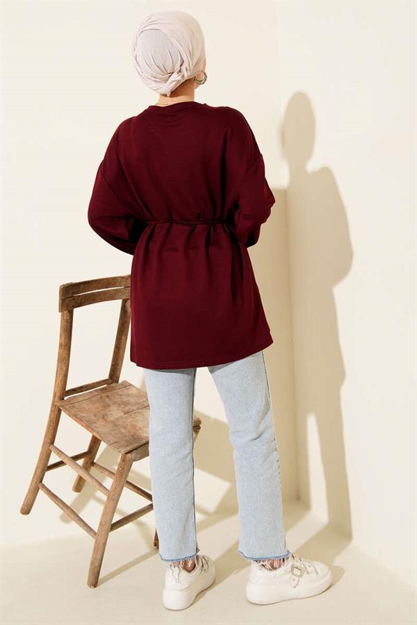 Loyşa Side Slit Belted Tunic Burgundy