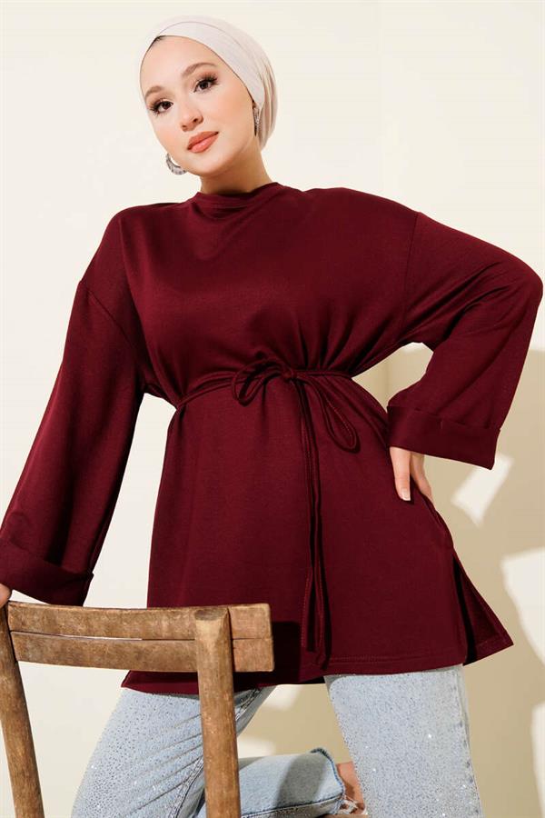 Loyşa Side Slit Belted Tunic Burgundy