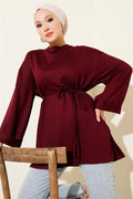 Loyşa Side Slit Belted Tunic Burgundy