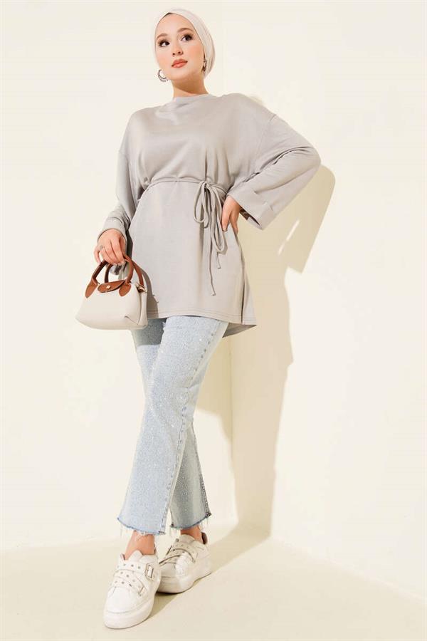 Loyşa Side Slit Belted Tunic Gray