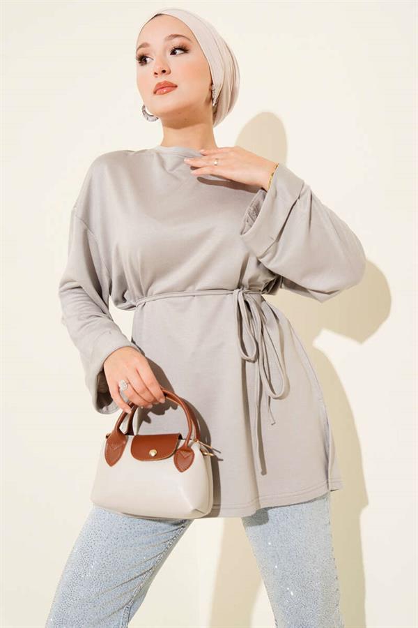 Loyşa Side Slit Belted Tunic Gray