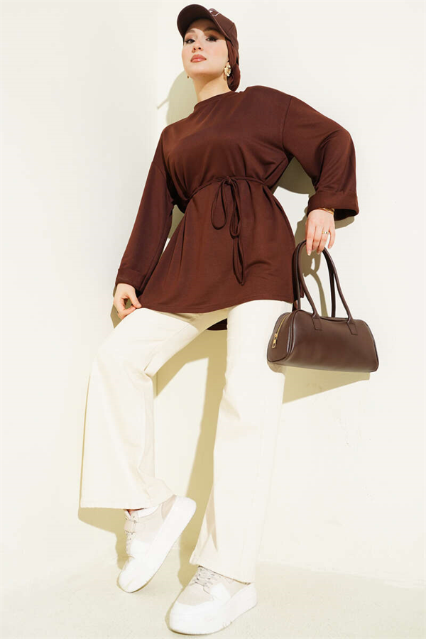 Loisha Side Slit Belted Tunic, Brown