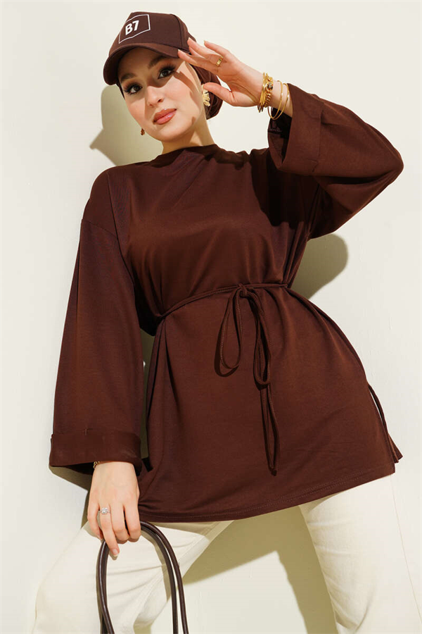 Loisha Side Slit Belted Tunic, Brown