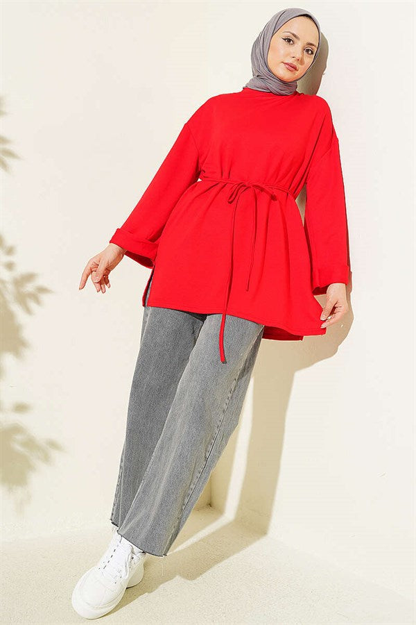 Loisha Side Slit Belted Tunic, Red