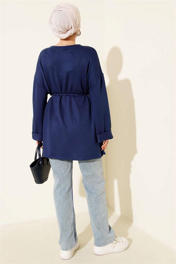 Loysha Side Slit Belted Tunic Navy Blue