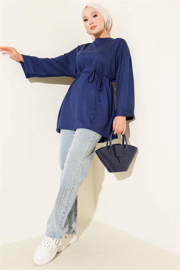 Loysha Side Slit Belted Tunic Navy Blue