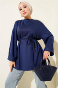 Loysha Side Slit Belted Tunic Navy Blue