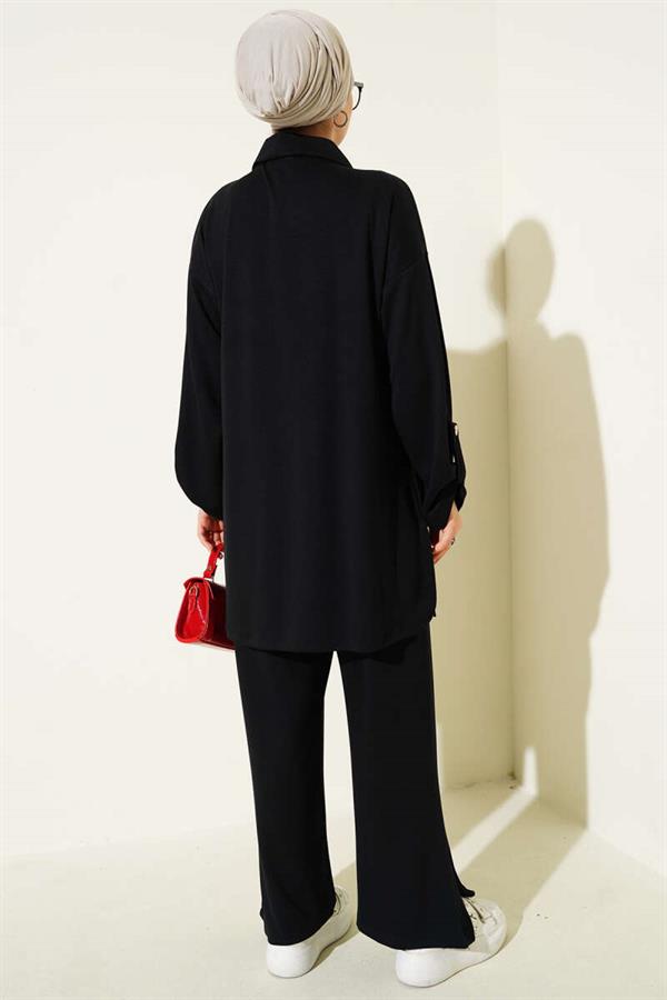 Loyşa Half Buttoned Tunic 2 Piece Set Black