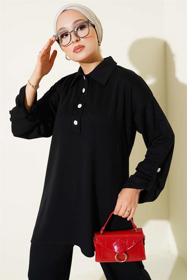 Loyşa Half Buttoned Tunic 2 Piece Set Black