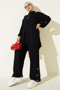 Loyşa Half Buttoned Tunic 2 Piece Set Black