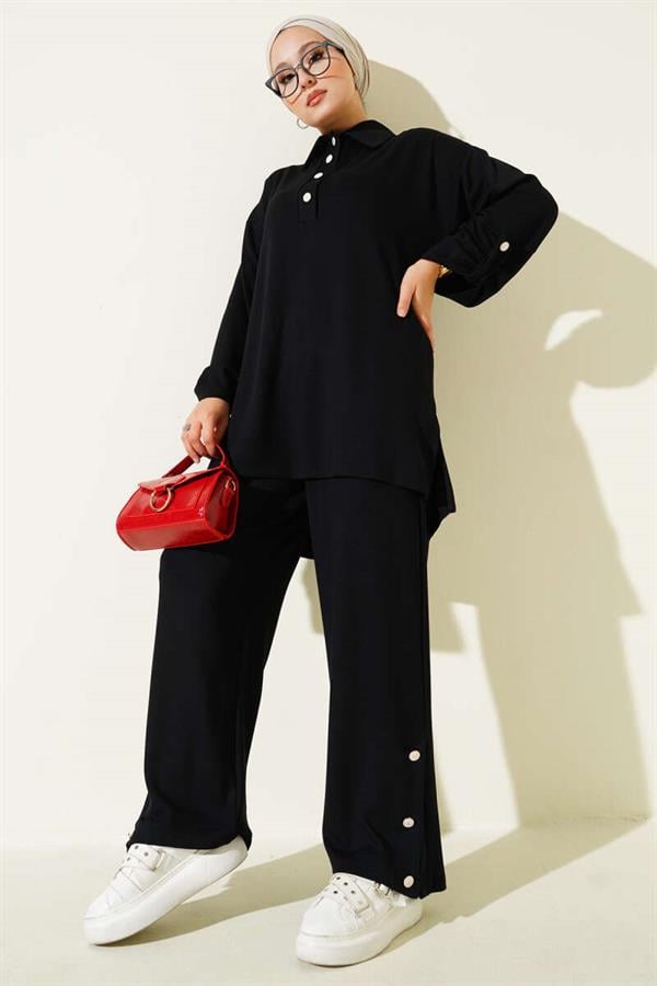 Loyşa Half Buttoned Tunic 2 Piece Set Black