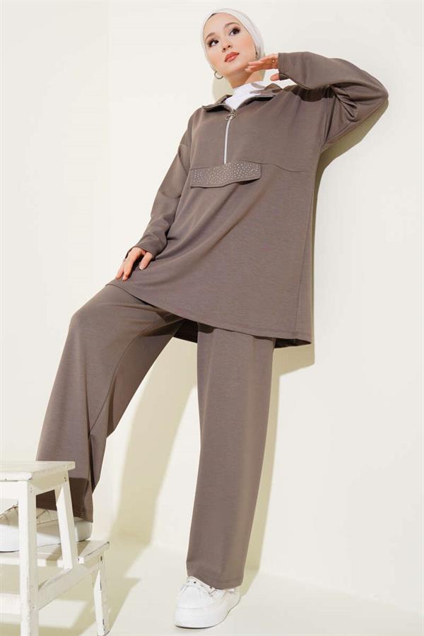 Loyşa Half Zippered Stoned 2 Piece Set Mink
