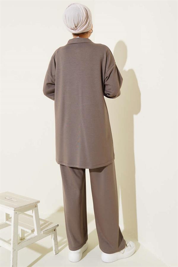 Loyşa Half Zippered Stoned 2 Piece Set Mink