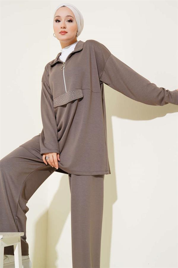 Loyşa Half Zippered Stoned 2 Piece Set Mink