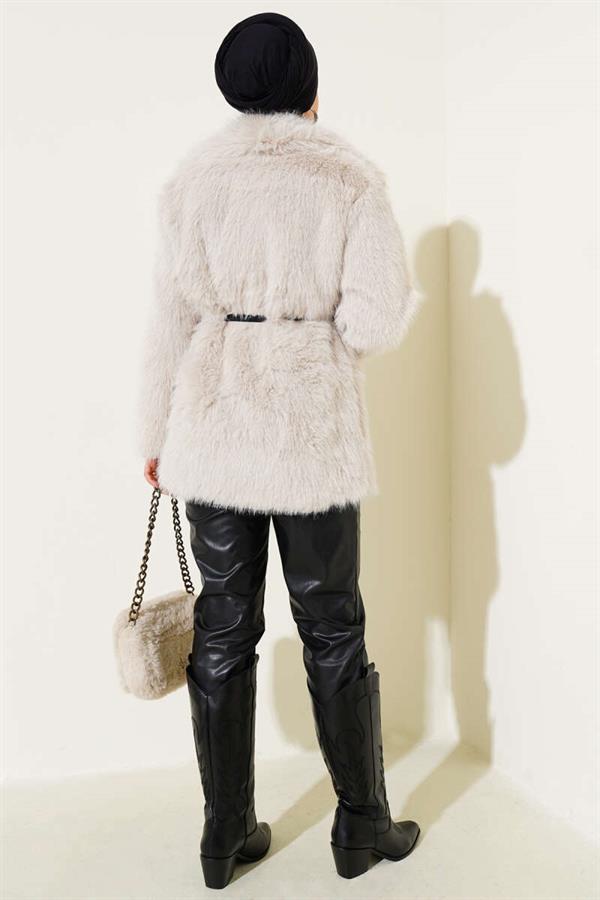 Madonna Collar Belted Fur Coat Beige