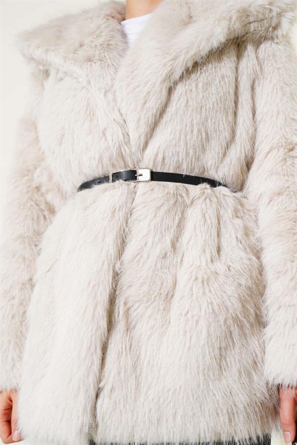 Madonna Collar Belted Fur Coat Beige
