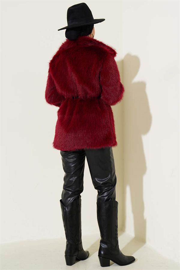Madonna Collar Belted Fur Coat Claret Red